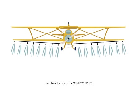 Airplane spraying fertilize, agricultural farming machinery. Chemical fertilizers spraying with crop duster plane on the field. Vector cartoon illustration isolated. Rural industrial farm equipment