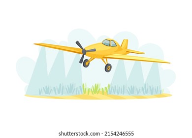 Airplane spraying field, agricultural farming machinery vector illustration