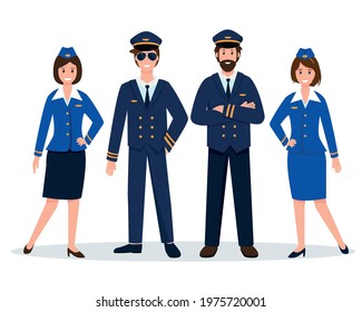 Airplane staff or crew. Aircraft captain, pilot assistant and stewardesses in uniform. Professional Team of smiling airline workers characters isolated on white background.