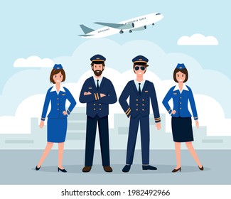 Flugzeugpersonal oder Flugbesatzung am Flughafen. Flugzeugkapitän, Pilotenassistent und Stewardess in Uniform. Professionelles Team von lächelnden Airline-Mitarbeitern Figuren einzeln auf weißem Hintergrund.