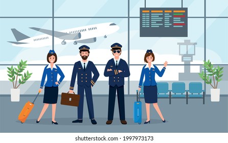 Airplane staff or crew at the airport hall. Aircraft captain, pilot assistant and stewardesses in uniform with luggage. Professional Team of smiling airline workers characters vector illustration.