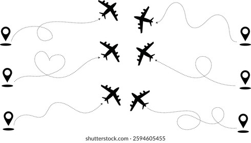 airplane with  start and end point line path travel icon set