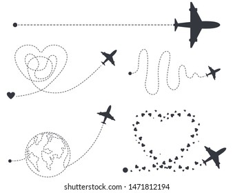 Airplane with start point and different dash line route vector silhouettes set isolated on a white background.
