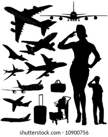 Airplane, stewardess and baggage silhouettes in very high detail