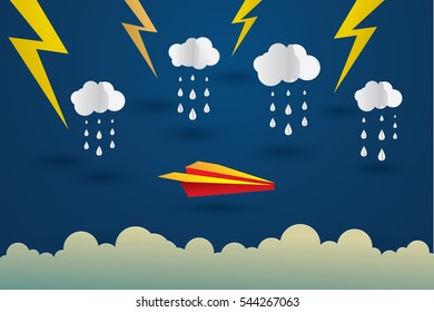 Airplane and storm clouds, lightning .origami style.