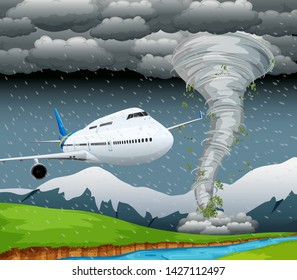 Airplane in storm scene illustration