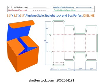 Airplane Style Straight tuck end box 3.5x3.5x5.5 inch dieline template and editable 3D box