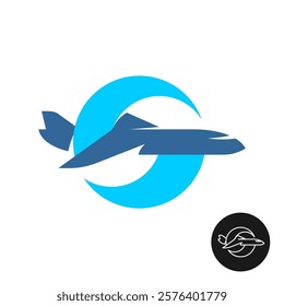 Airplane stylized logo with two blue dynamic motion arrows as a globe sphere. Travel and transportation symbol concept. Maintenance and aircraft technical service theme.