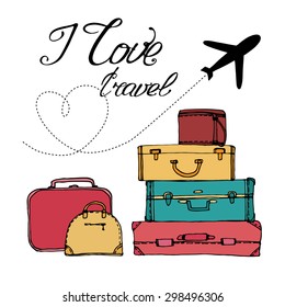 airplane and suitcase. The concept of travel and vacation, illustration,vector. I love travel. 