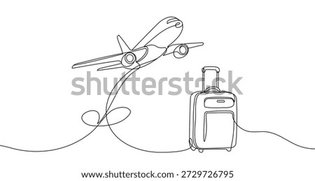 Airplane and suitcase in one line art style. Drawing of airplane and suitcase with editable black stroke on white background. Vector illustration.