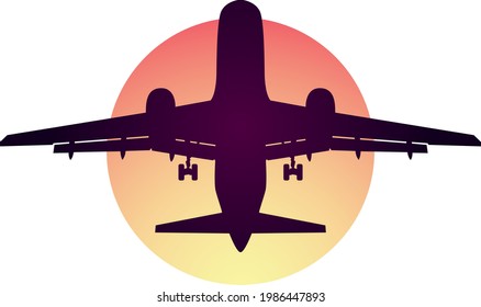 Airplane At Sunset. Plane Taking Off Logo.