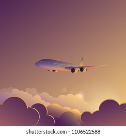 Airplane in sunset sunrise sky vector illustration poster banner.