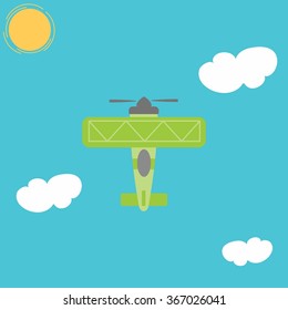 Airplane symbol icon on blue sky background. Can be used to introduce vehicle for children, education purpose. Vector illustration.
