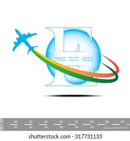Airplane symbol Letter E. Travel background with aircraft and place for your text. Vector illustration.