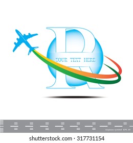 Airplane symbol Letter R. Travel background with aircraft and place for your text. Vector illustration.