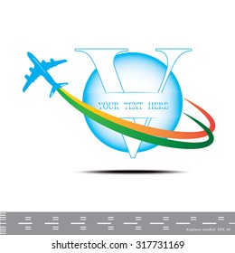 Airplane symbol Letter V. Travel background with aircraft and place for your text. Vector illustration.