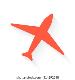 Airplane symbol  in orange with drop shadow on white background