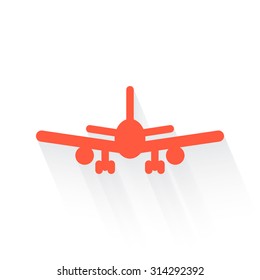 Airplane symbol  in orange with drop shadow on white background