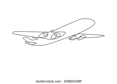 Airplane symbol. Single continuous line big flying jet plane on sky graphic icon. Simple one line doodle for transport concept. Traveling vector illustration minimalist design on white background