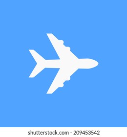 Airplane symbol. White airplane icon, on blue sky background. Use for banner, card, poster, brochure, banner, app, web design. Easy to edit. Vector illustration - EPS10.