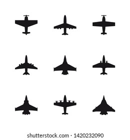 Airplane symbols set. Aircraft, plane, jet black icons. Isolated on a white background.