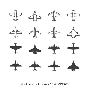 Airplane symbols set. Aircraft, plane icons or signs concept. Isolated on a white background.