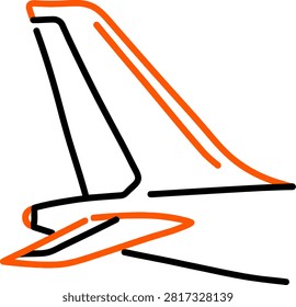 Airplane tail empennage closeup icon with orange leading edges on fin and horizontal stabilizer in black and orange minimalist hand drawn line art style