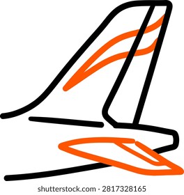 Airplane tail section icon with orange livery stripes on vertical fin and orange horizontal stabilizer in black and orange minimalist hand drawn line art style