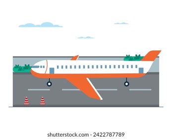 Airplane is take off at the airport field after flight, happy holiday. Character design. Vector flat illustration