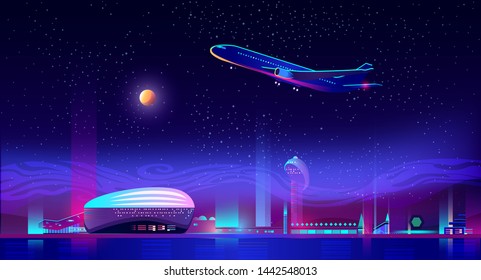 Airplane take off from airport runway at neon night city view background with glowing illumination, skyscrapers. Metropolis transport hub with terminal and control tower. Cartoon vector illustration