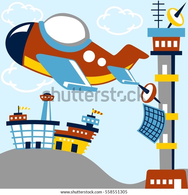 airplane take off from airport, vector cartoon