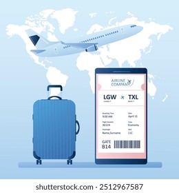 Despegue del avión, maleta grande y teléfono inteligente con check-in en línea, boleto de tarjeta de embarque de la aerolínea con código de barras en la pantalla del teléfono móvil, mapa del mundo en el fondo, Ilustración vectorial en estilo de moda