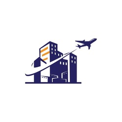 airplane take off from city airport travel logo design building illustration vector abstract