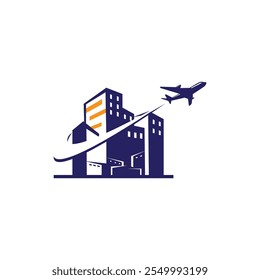 avião decola de cidade aeroporto viagem logotipo projeto edifício ilustração vetor abstrato