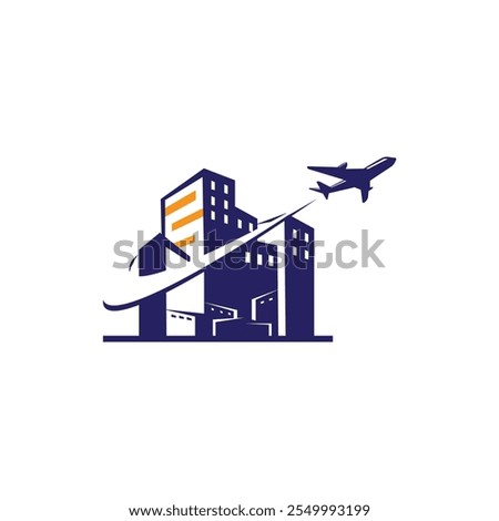airplane take off from city airport travel logo design building illustration vector abstract