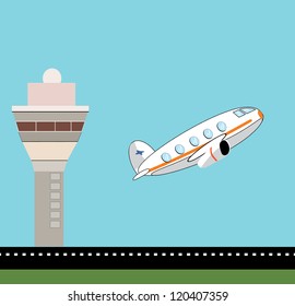 Airplane take off with control tower