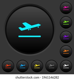 Airplane take off dark push buttons with vivid color icons on dark grey background