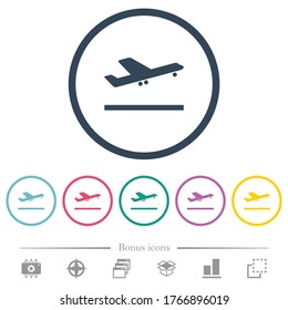Airplane take off flat color icons in round outlines. 6 bonus icons included.