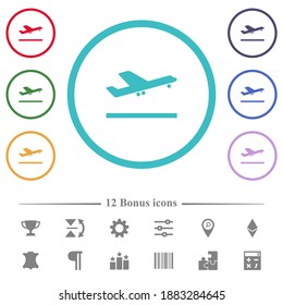 Airplane take off flat color icons in circle shape outlines. 12 bonus icons included.