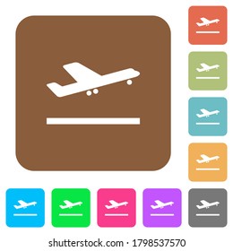 Airplane take off flat icons on rounded square vivid color backgrounds.