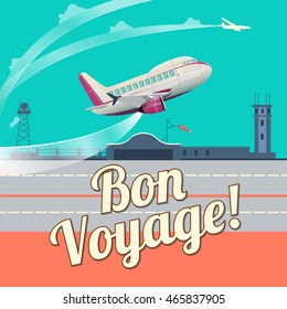 Airplane take off flat style vector illustration. Cartoon colorful image.