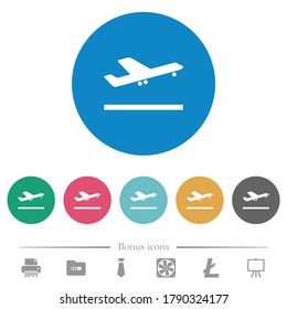 Airplane take off flat white icons on round color backgrounds. 6 bonus icons included.