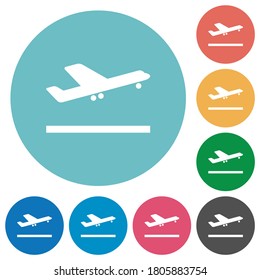 Avión saca iconos blancos planos en fondo de color redondo