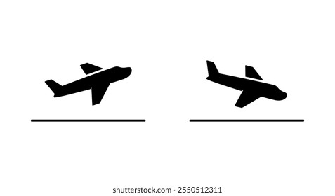 Icono de despegue y aterrizaje de aviones en diseño genérico. Símbolo de la señal del avión de salida y llegada