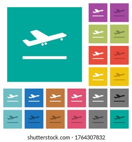 Airplane take off multi colored flat icons on plain square backgrounds. Included white and darker icon variations for hover or active effects.