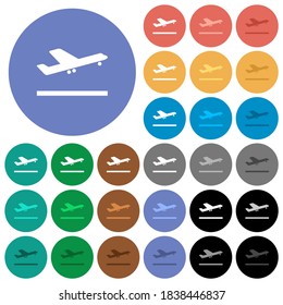 Airplane take off multi colored flat icons on round backgrounds. Included white, light and dark icon variations for hover and active status effects, and bonus shades.