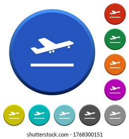 Airplane take off round color beveled buttons with smooth surfaces and flat white icons
