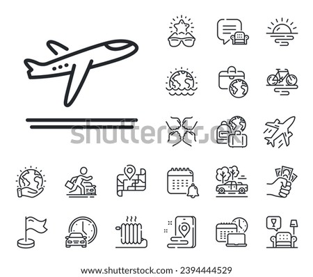 Airplane take off sign. Plane jet, travel map and baggage claim outline icons. Airport departure plane line icon. Flight symbol. Departure plane line sign. Car rental, taxi transport icon. Vector