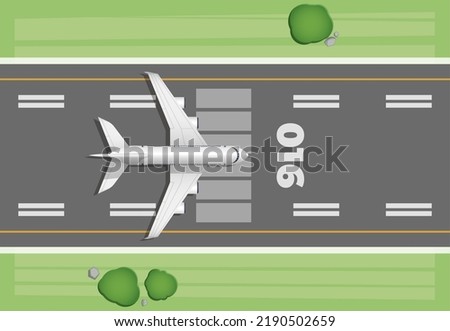 Airplane take off top view. Cartoon air transport horizontal banner, travel and vacation concept, aircraft flight and landing. Vector illustration. Plane with passengers on asphalt runway