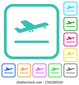 Airplane take off vivid colored flat icons in curved borders on white background